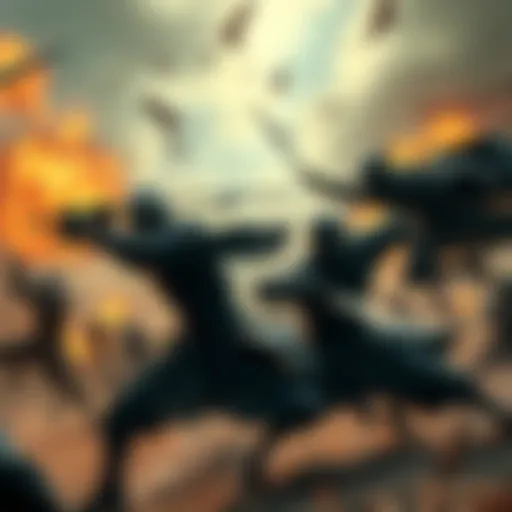 A dramatic scene depicting ninjas engaged in an intense battle during the Fourth Great Ninja War, showcasing their unique abilities and teamwork.