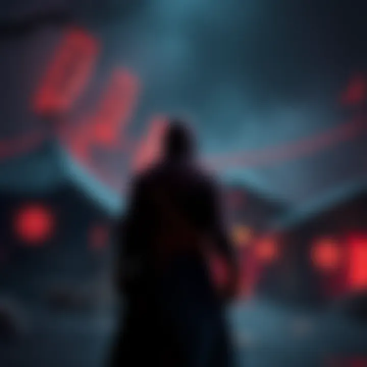 A shadowy figure representing Void stands before a dark camp with ninja symbols, contemplating his choices.