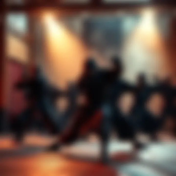 A group of ninja enthusiasts in training, demonstrating various martial arts techniques in a dojo setting.