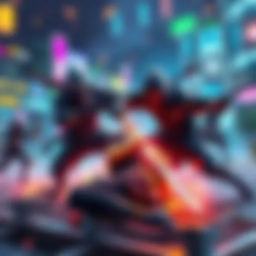 Ninja rescue battle concept A scene showing a combat between two teams, one trying to rescue an injured ninja while the other defends; intense action in a colorful game environment