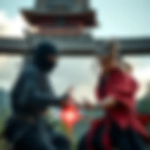 A ninja and a samurai demonstrating chakra manipulation techniques outdoors, surrounded by nature.