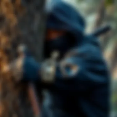 A ninja dressed in dark clothing hides behind a tree, poised to strike or observe, showcasing the art of deception in action.