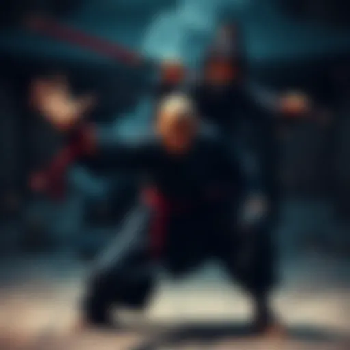 Martial artist demonstrating various ninjutsu techniques including taijutsu and kenjutsu.
