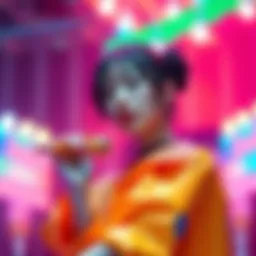 Ninomae Ina'nis performing in a vibrant outfit with colorful lights in the background