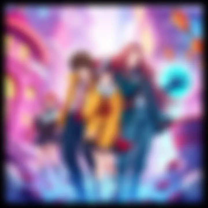 Illustration of No Game No Life's characters Colorful illustration featuring the main characters from No Game No Life, showcasing their distinct outfits and expressions in a vibrant, fantasy setting.