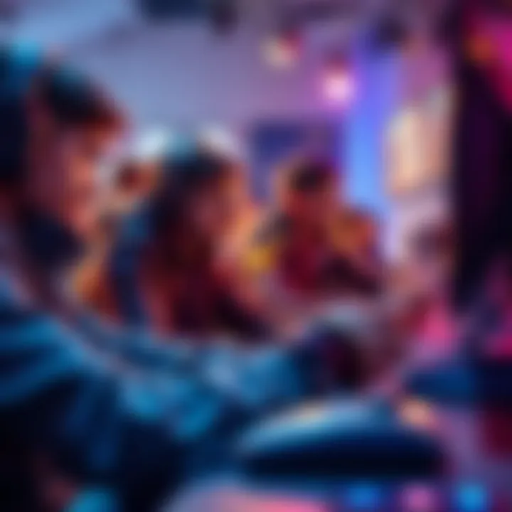 A group of gamers focused on a screen, playing a video game at normal speed, discussing strategies and sharing experiences.
