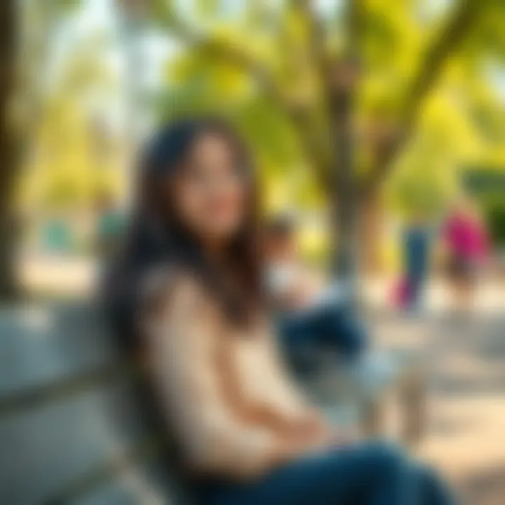 Normal Girl in Everyday Life A girl sitting on a park bench, smiling and watching people around her, enjoying a sunny day with friends.