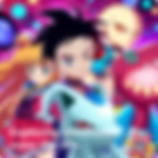 Iconic characters from Sailor Moon, Dragon Ball Z, Pokémon, and Digimon in a vibrant composition