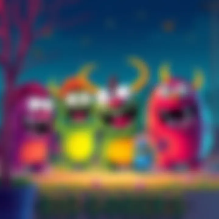 A colorful cartoon depicting big goofy monsters, representing simpler past threats, with a humorous twist and playful scenery.