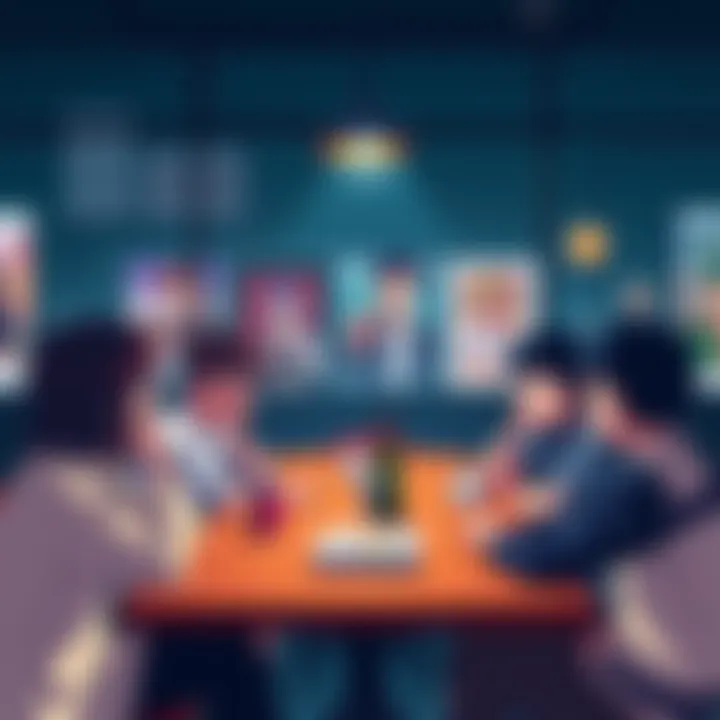 Nostalgic First Anime Experience A group of anime fans sharing their first anime memories around a table, with posters of classic shows like Captain Tsubasa in the background.