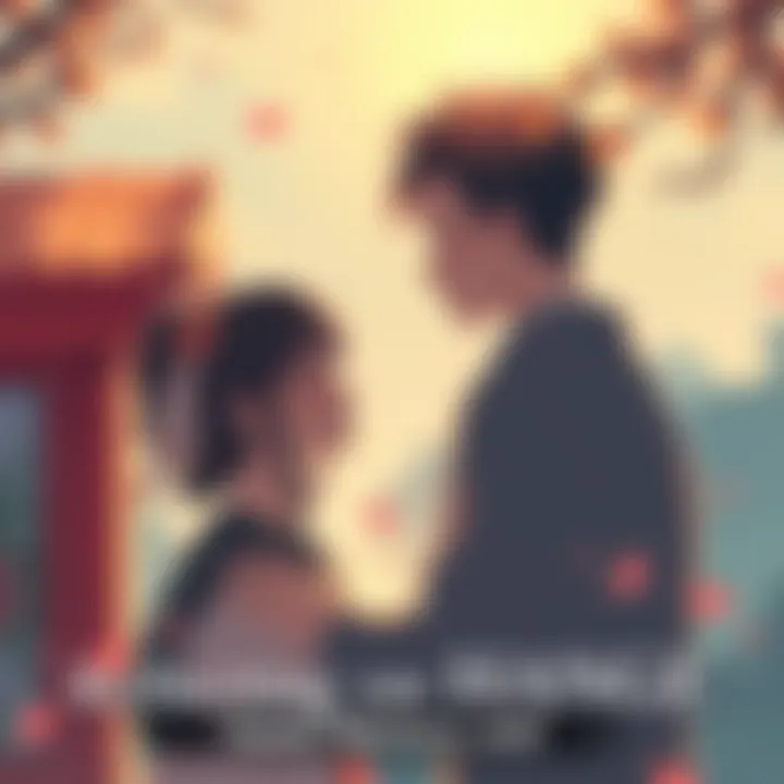 Nostalgic moment between characters Two characters sharing a sweet memory, looking reflective and emotional in a serene setting, surrounded by hints of nostalgia.