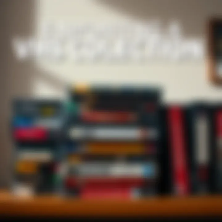 A collection of colorful VHS tapes stacked on a shelf, showcasing classic anime and cult films like Slayers and Princess Mononoke, with a cozy background.