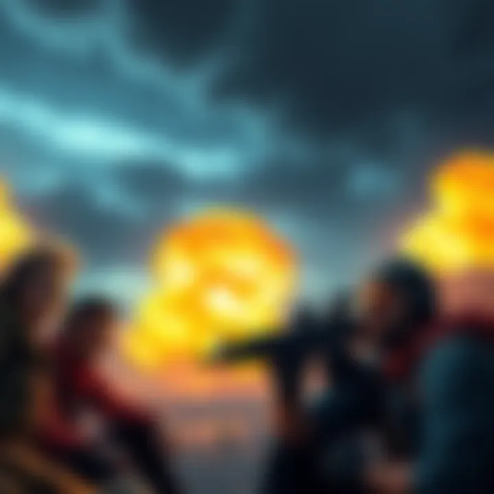 A gaming scene with players reacting to a nuclear explosion, highlighting their frustrated expressions and chaotic environment in a video game setting.