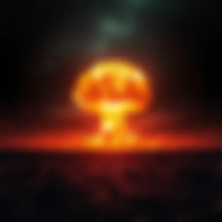 A bright nuclear explosion contrasted by a dark landscape, symbolizing the battle against primal devils and the concept of aura loss.