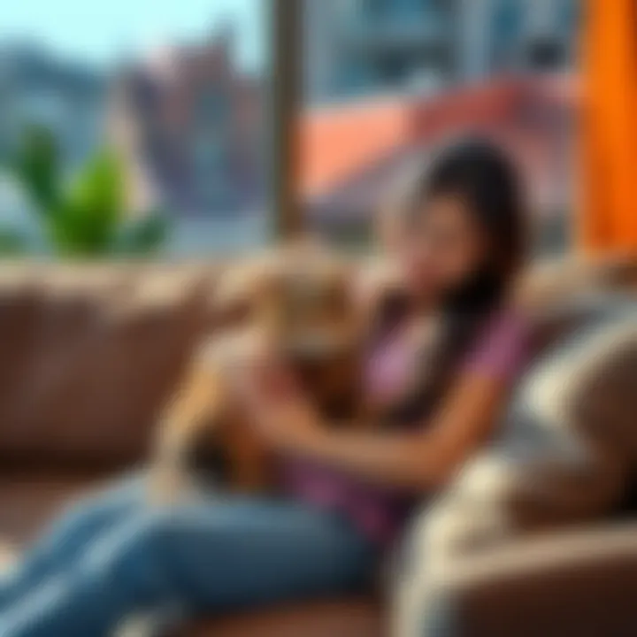 Nue sits on a couch with her cat in her lap, smiling and enjoying a peaceful moment together.