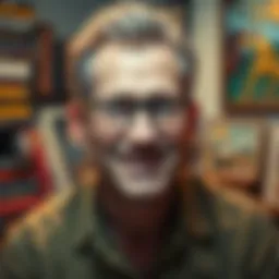 A close-up portrait of Nuts Von Berklinger, a middle-aged man with a friendly smile, wearing a casual shirt and glasses, surrounded by books and art, showcasing his interests.