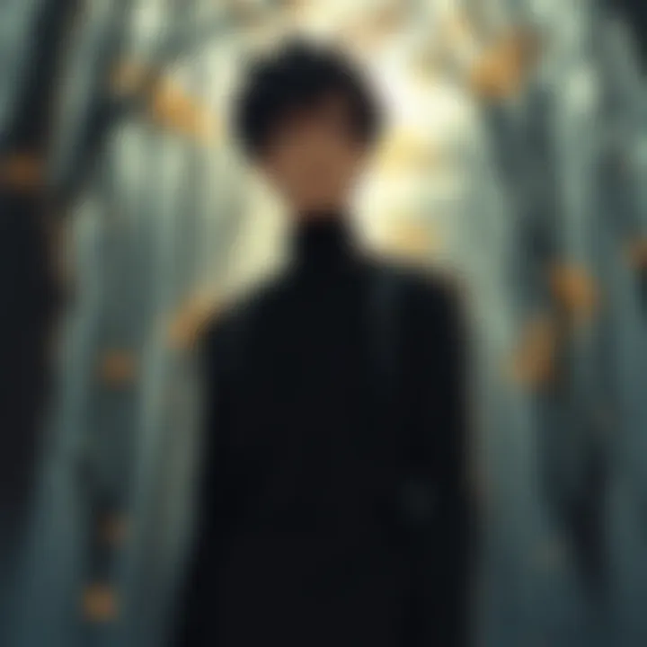 Obito in grief Obito standing alone in a forest, looking somber and lost in thought, memories of Rin haunting him.