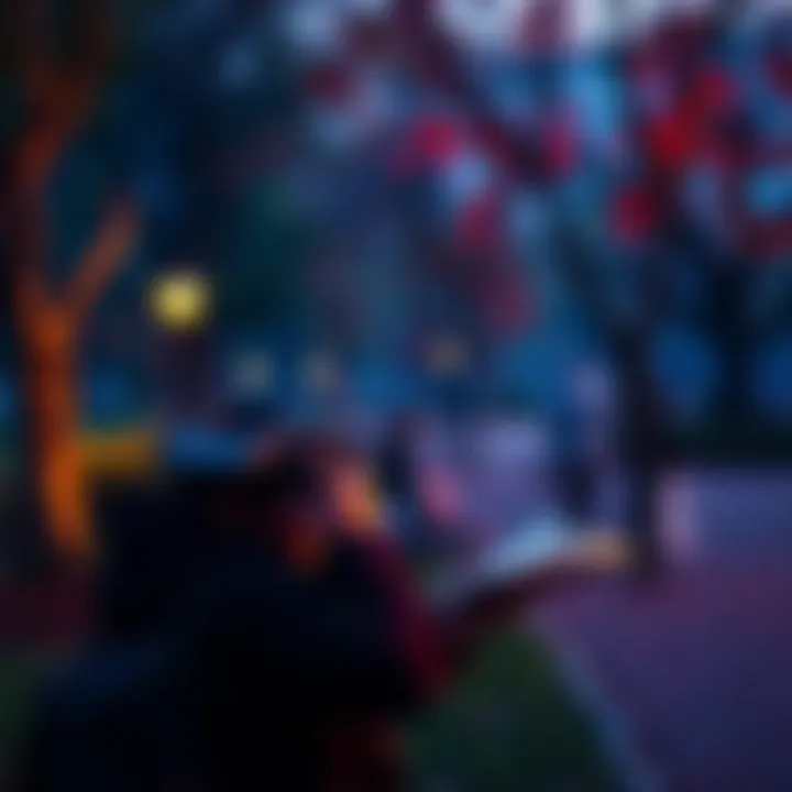 A person observing their surroundings in a park, taking notes on interactions and nature.