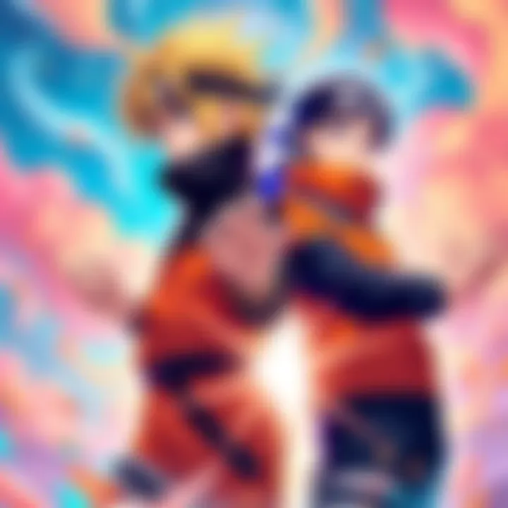 A vibrant artwork showing a unique original character blending styles from Gachiakuta and Naruto, featuring dynamic poses and colorful backgrounds.