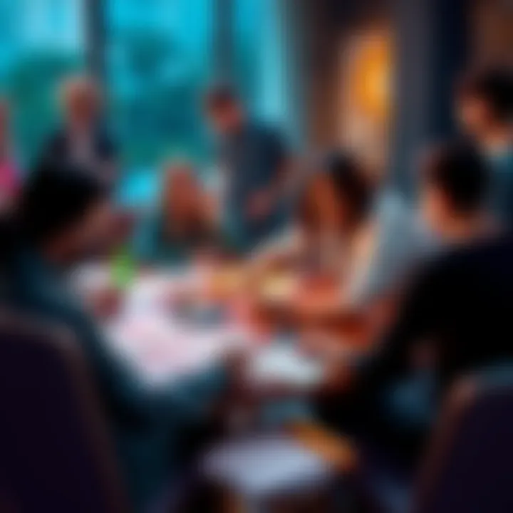 A group of people sitting around a table, sharing ideas and discussing original character creation, with sketches and notes visible.