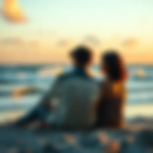 A young couple sitting together on a beach, looking at the ocean with a nostalgic expression.