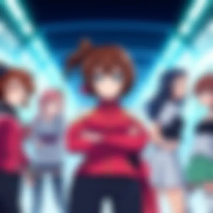 Ochako and Female Rivals Ochako stands confidently, facing off against Mina, Reiko, Yui, and Camie in a dynamic setting. The characters are depicted with strong expressions, highlighting their rivalry and unique personalities...