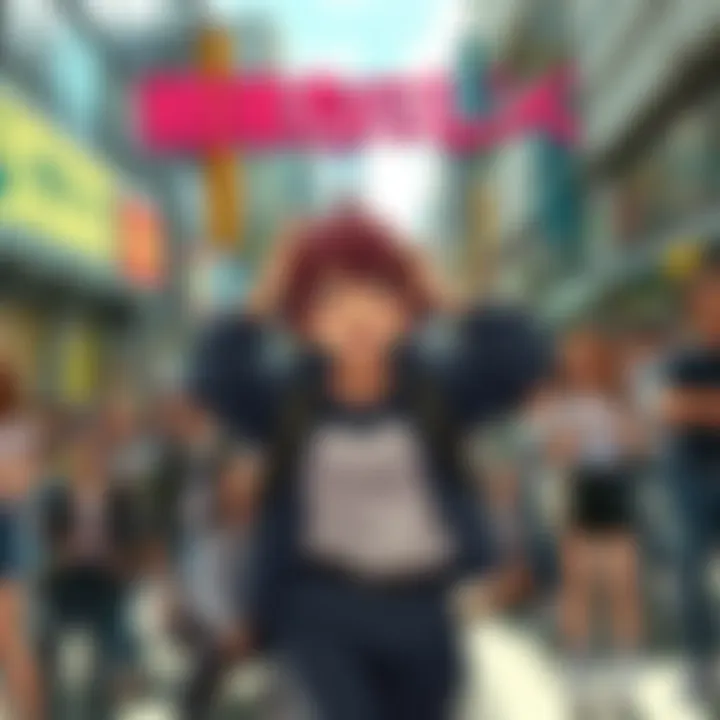 Ochako activates her quirk in a crowded street, defying legal restrictions with surprised onlookers, showcasing her determination and the reaction of the crowd.