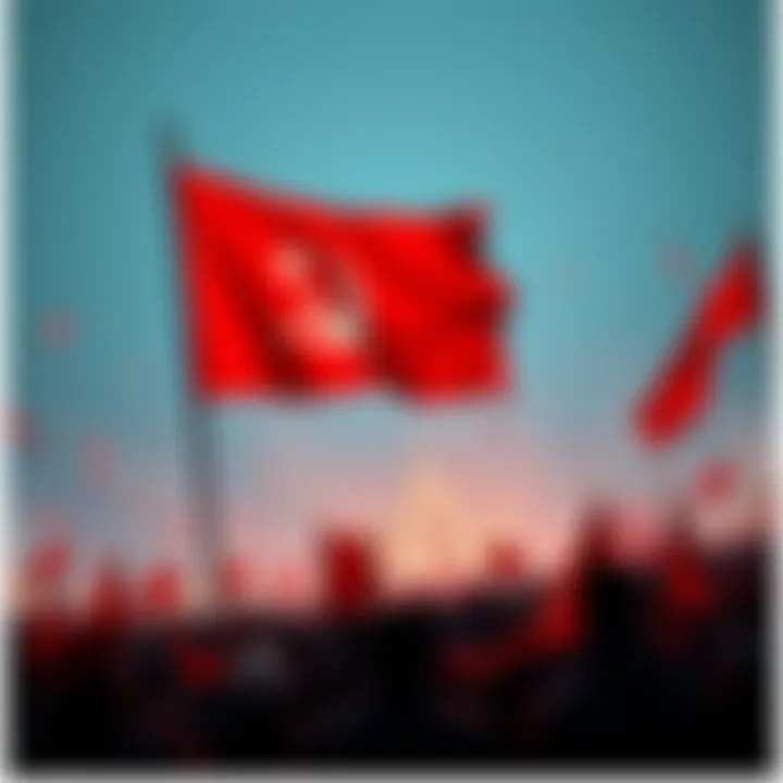 A large red flag symbolizing the October Revolution raised high during a historical event, with crowds gathered around it in support.
