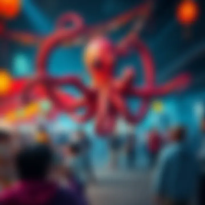 A lively gathering celebrating the spirit of the octopus with people enjoying fun activities and festive decorations.