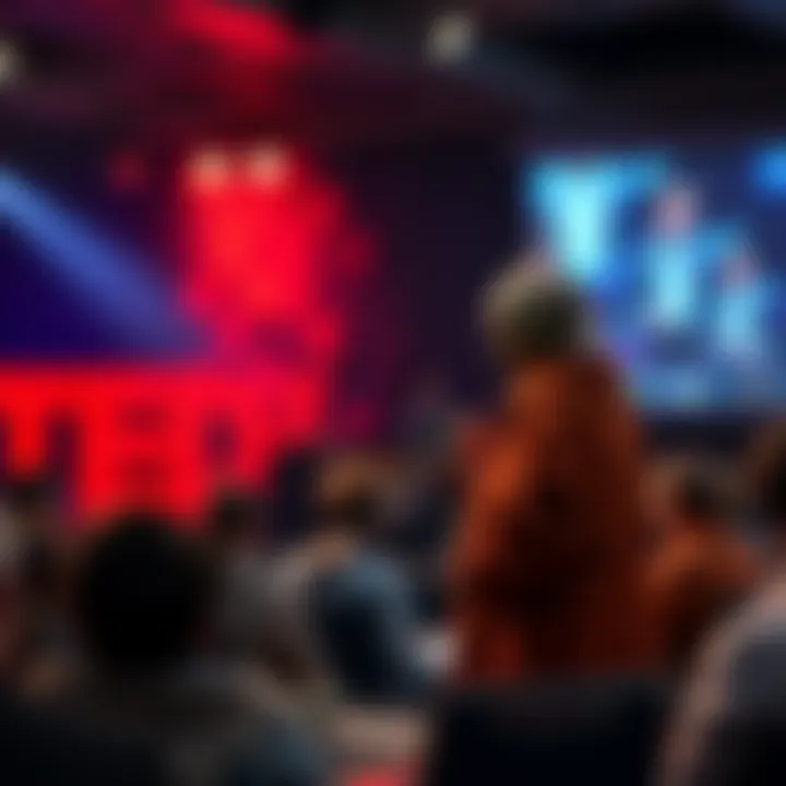 Oda engaging an audience while discussing reader engagement strategies on stage at a Ted Talk event