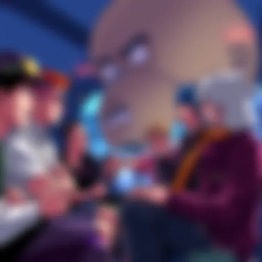 Fans discussing which character from Oda's works they would humiliate, with lively expressions and gestures