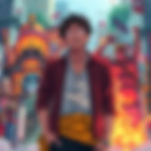 Eiichiro Oda stands with a backdrop of chaotic One Piece scenes illustrating fan criticism on plotlines and character arcs.