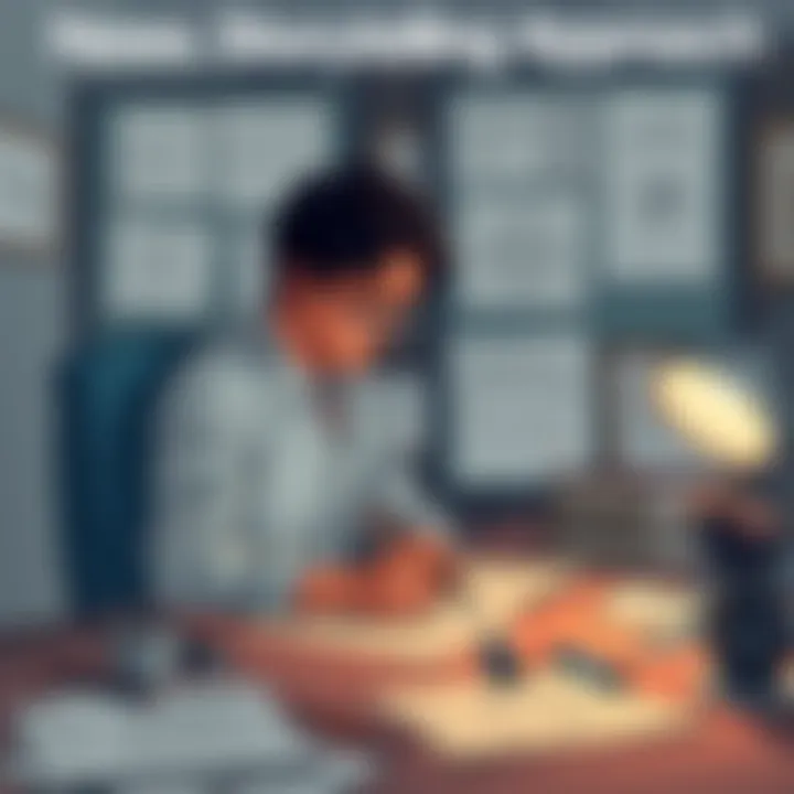 Oda's Storytelling Approach Illustration showing Oda at a desk, sketching characters and story arcs, surrounded by notes that emphasize character development over time travel, with a thoughtful expression.