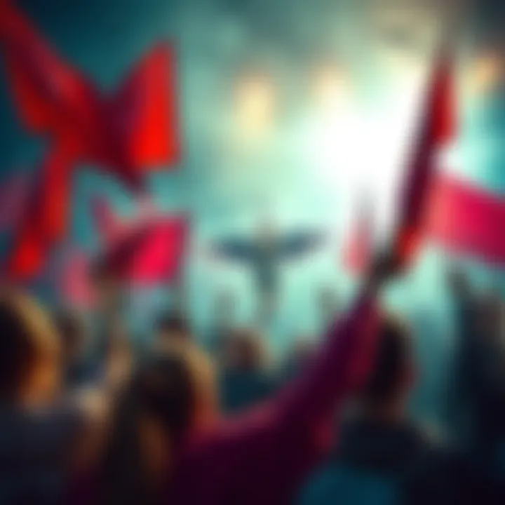 A group of devoted fans rallying together, holding banners and symbols of support for their creator, showing passion and loyalty.