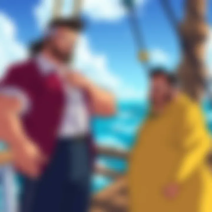 Oden stands confidently on a ship's deck with waves in the background, while Garp looks on thoughtfully, symbolizing their character dynamics.