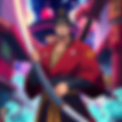 Oden from One Piece Character Oden stands confidently, wearing traditional samurai attire with a sword, set against a vibrant anime backdrop.