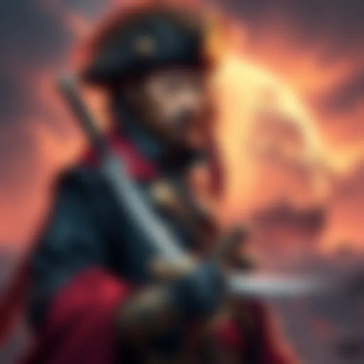 Oden stands confidently in his pirate outfit, showcasing his sword and fierce determination. Behind him, a silhouette of legendary pirate ships can be seen.