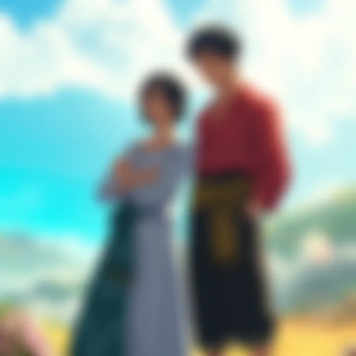 Oden and Toki in One Piece Oden and Toki standing together in a scenic landscape, showcasing their bond, with a hint of their children in the background.