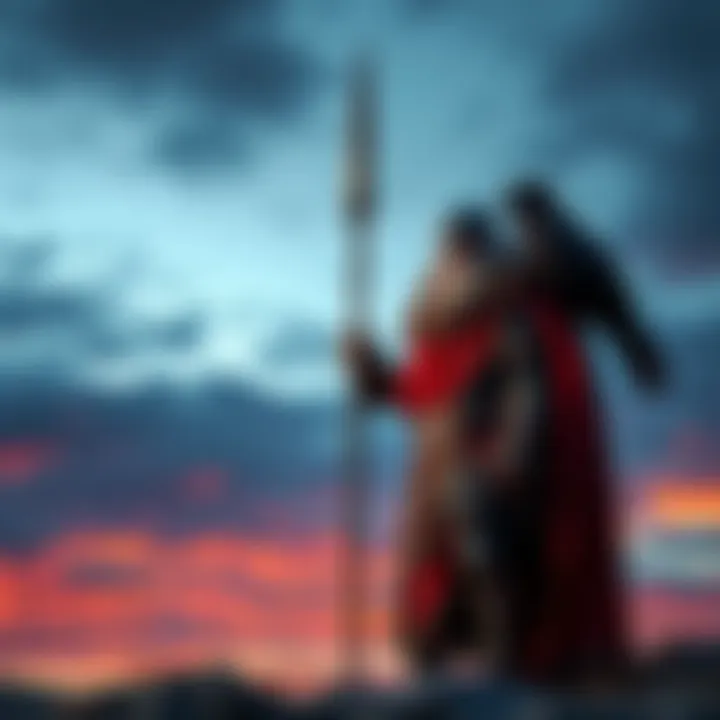 Odin, the Norse god, stands confidently with a spear, accompanied by a raven on his shoulder against a twilight sky