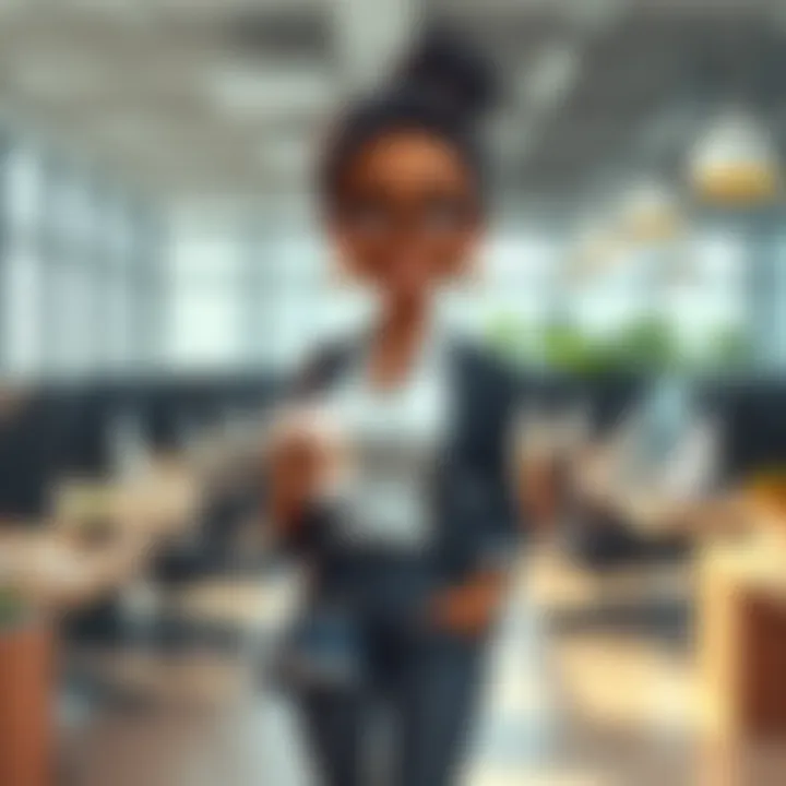 A cheerful character named Office Lady Kobeni dressed in casual business attire, smiling and holding a coffee cup in an open office space, surrounded by desks and computers.