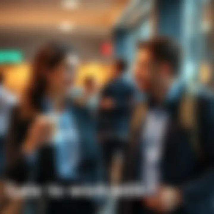 A late office worker in business attire asks a coworker for coffee while holding a takeaway cup, looking casual despite arriving late.