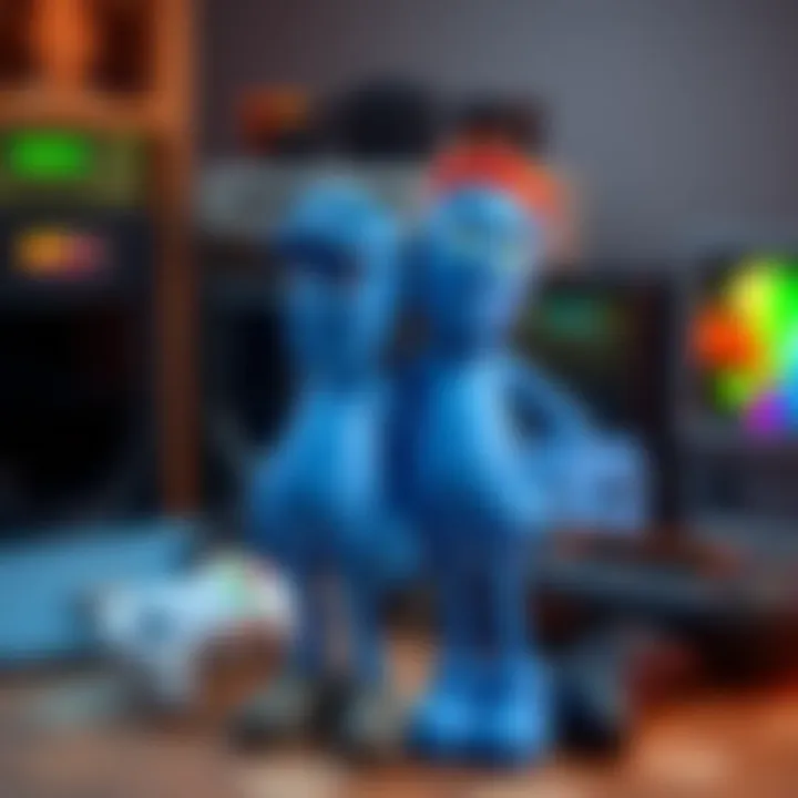 Two popular blue characters from a classic game standing together with gaming consoles in the background.