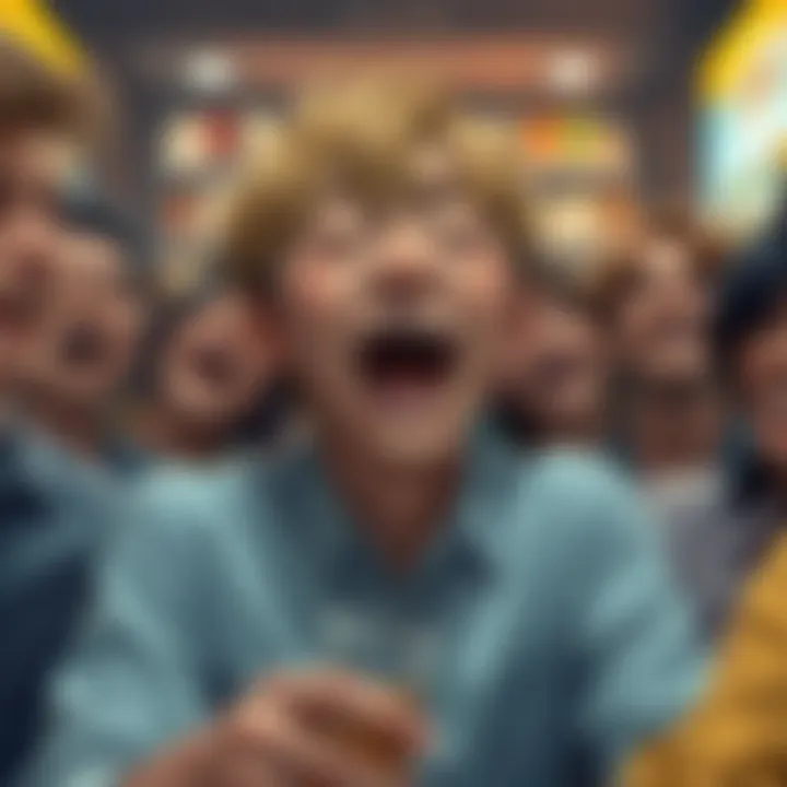 Ojiro surrounded by people laughing and sharing jokes online, reflecting the community's reaction to recent events.