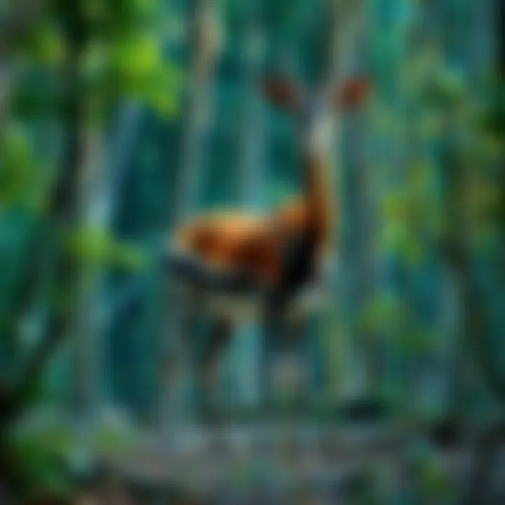 An okapi standing among trees in the Congo rainforest, showing its unique striped legs and long neck