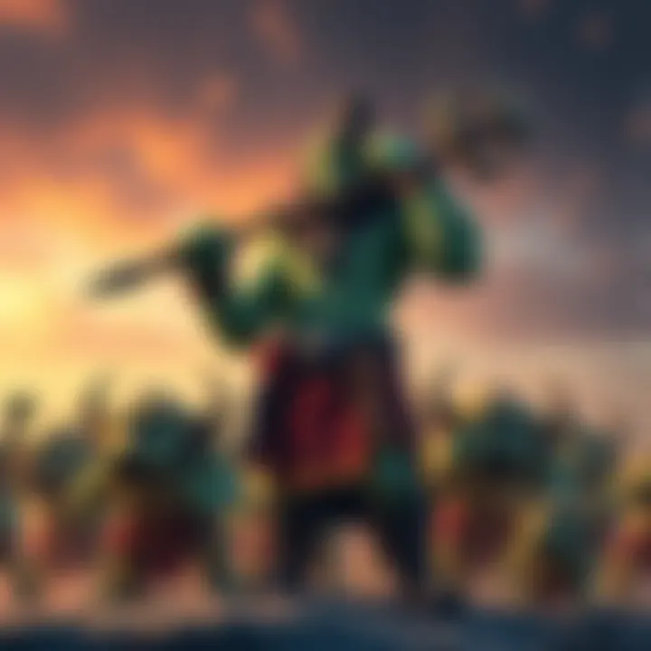 Okarun standing proudly with a large club, pondering names while surrounded by playful ogres