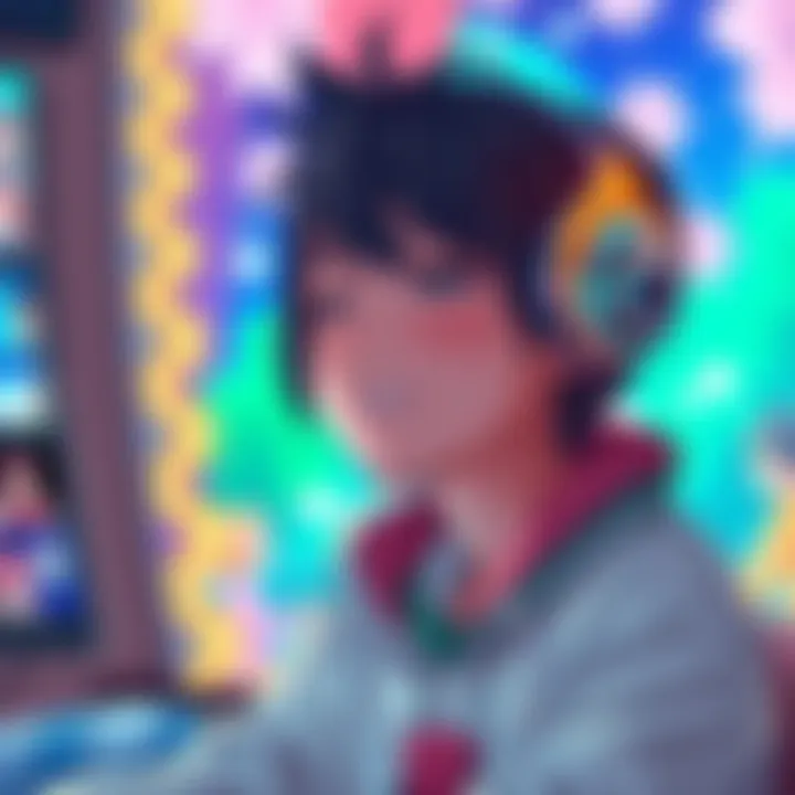 Okarun listening to an English anime song, looking pleased and engaged, with headphones on and colorful anime-themed background.