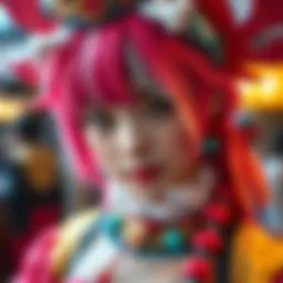 A detailed look at a person dressed as Okarun, featuring vibrant colors and intricate costume design elements.