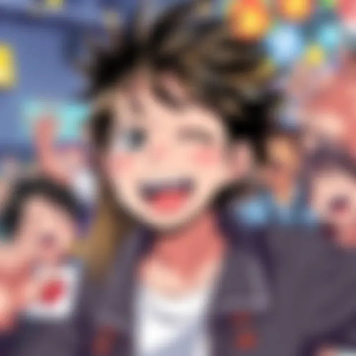 Okarun sporting his classic messy perm hairstyle from the manga, smiling and surrounded by excited fans.