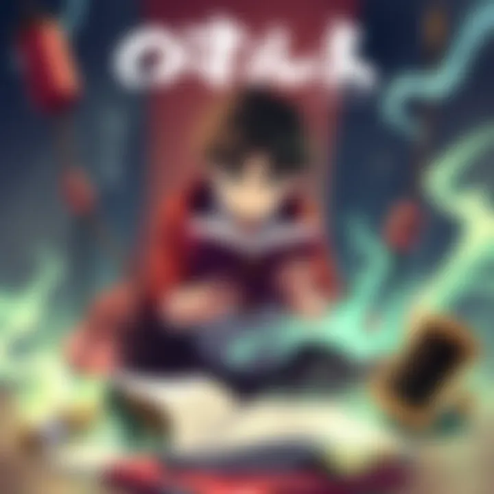 Okarun sitting with a book in hand, deeply focused on reading Hajime No Ippo, surrounded by elements symbolizing strength and determination.