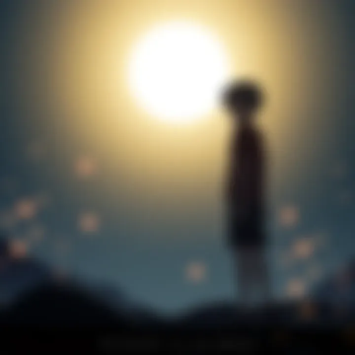 Okarun stands alone, looking contemplative with a faint glow around him, symbolizing memories of Momo. Light sparks represent love and spiritual recovery.